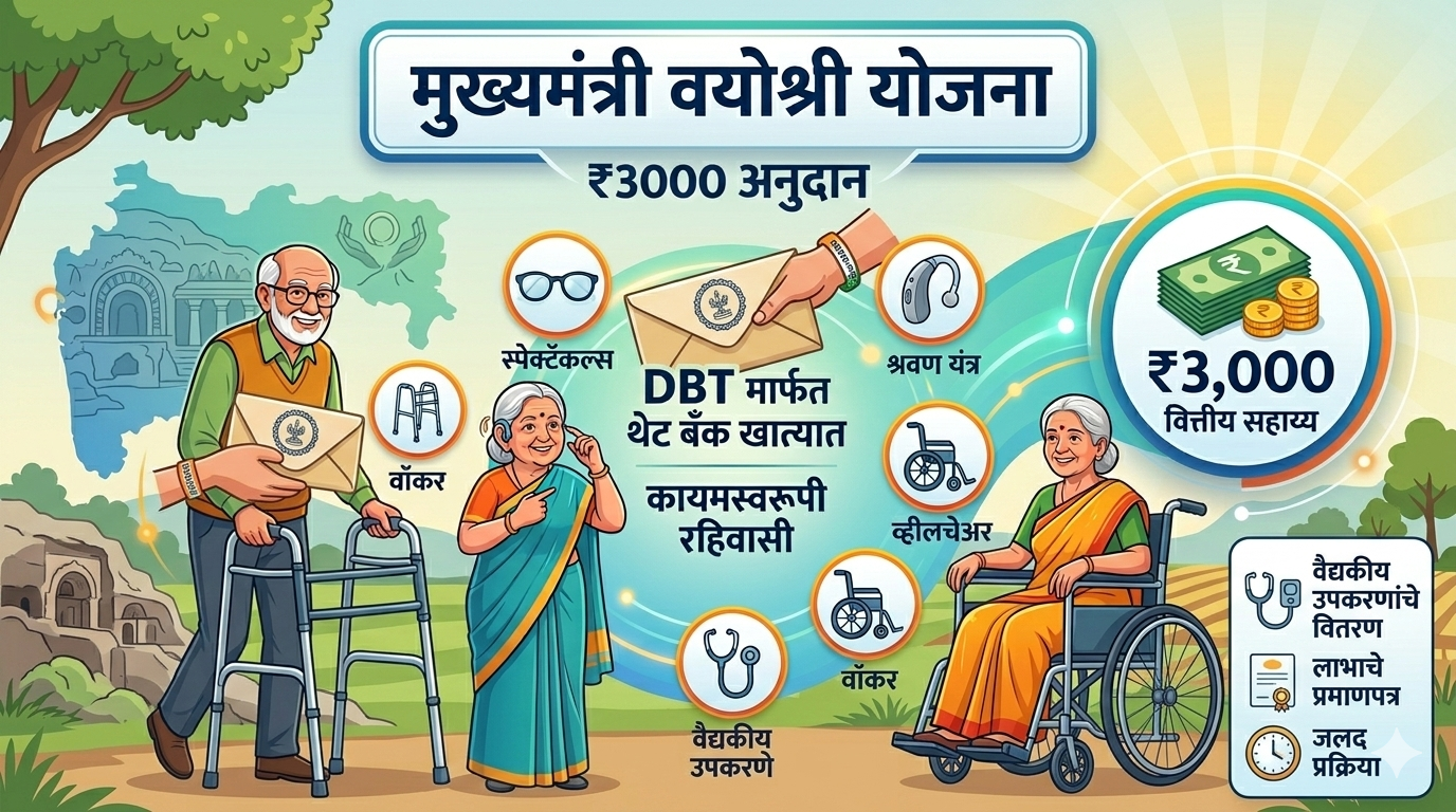मुख्यमंत्री वयोश्री योजना – ₹3000 अनुदान, पात्रता, अर्ज प्रक्रिया व संपूर्ण माहिती.